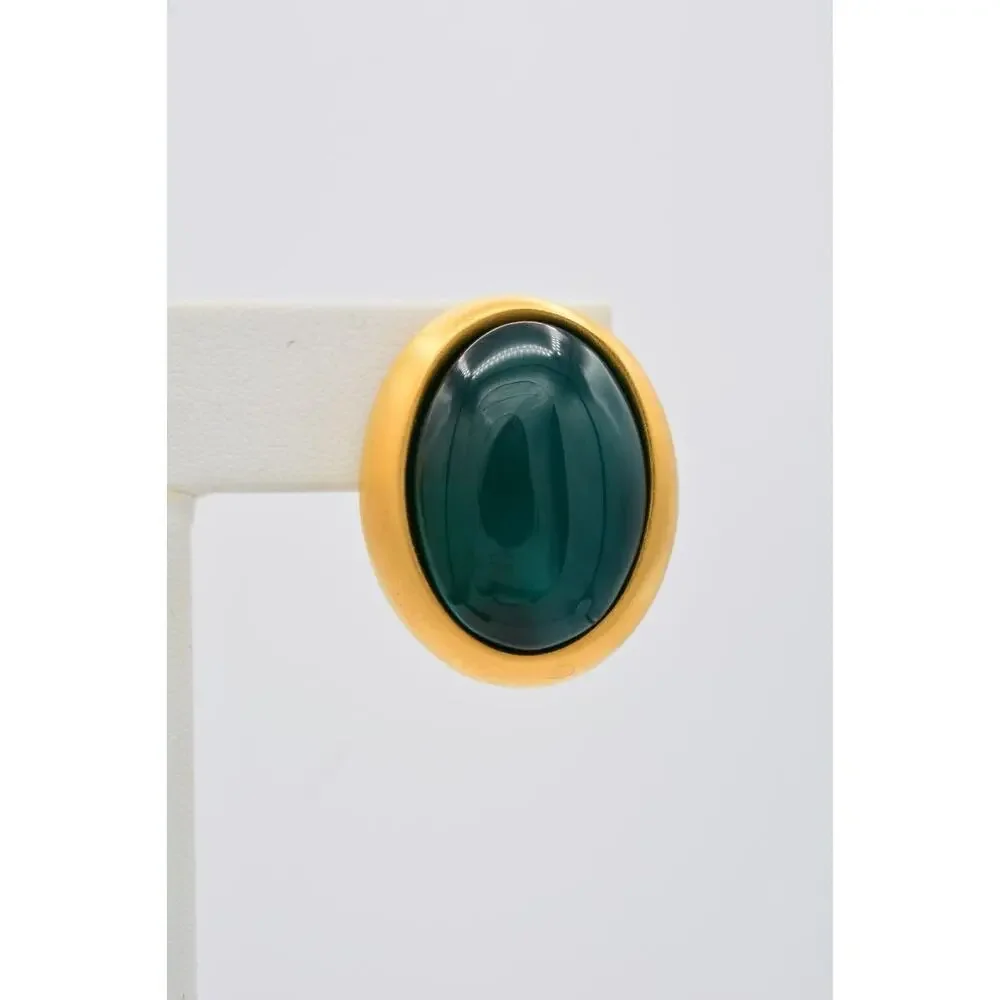 Givenchy Vintage Cabochon Clip On Earrings Teal Brushed Gold Chunky Signed BinAY - Picture 7 of 12